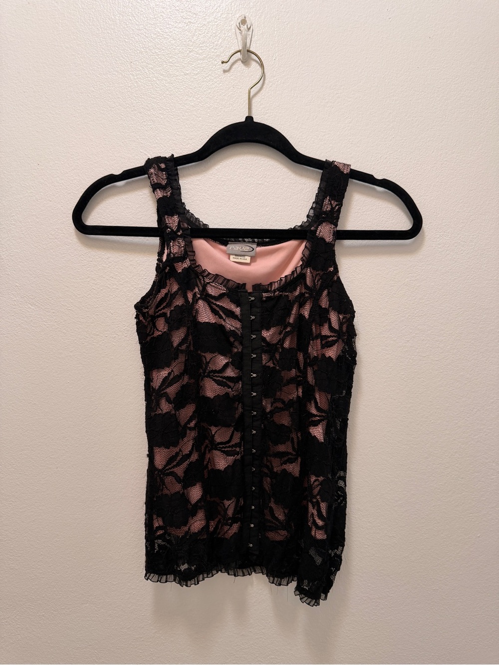 Vintage Rave Y2K Black Lace Pink Corset Hook & Eye Tank Top Made in USA